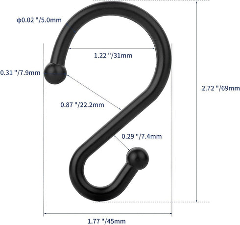 Metal Shower Curtain Hooks, Set of 12 Rust Resistant S Shaped Rings for Kitchen Utensils, Clothing, Towels, etc. (Black)