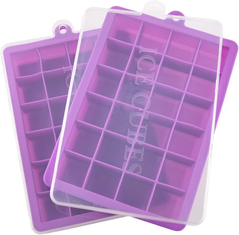 Ice Cube Tray - Silicone Square Ice Trays Easy Release Stackable Mold with Removable Lid, 24 Cavity (2 Pack, Purple)