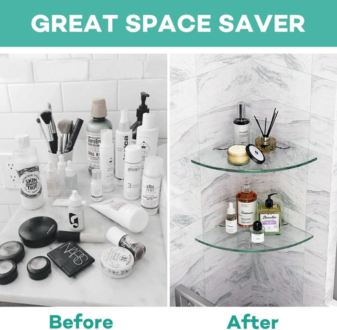 VeeCano 2 9.4" Tier Glass Corner Shelf Clear Shower Shelf Adhesive Shower Caddy Corner Organizer Thick Tempered Glass
