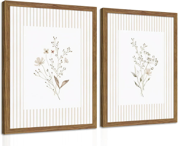 Neutral Wildflower Wall Art Set of 2, Vintage Flower Botanical Wall Decor