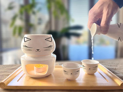 Roksol Chef 10pcs Set 1 1 1 1 6 Ceramic Sake Cups with Warmer Pot Bamboo Tray, Traditional Porcelain Pottery Hot Saki