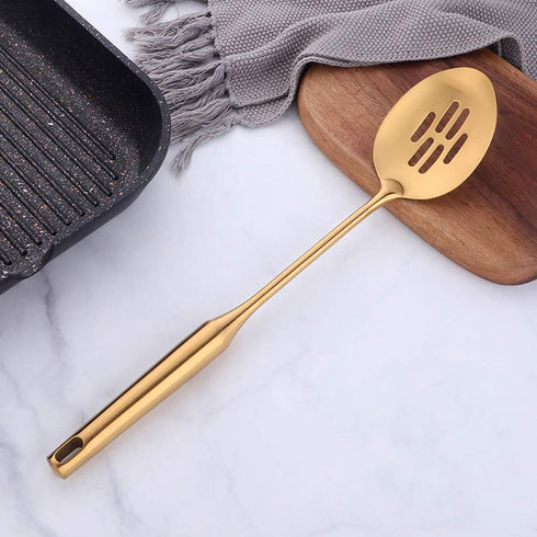 Slotted Spoon, Gold, 14.69 inch Long Handle Cooking Utensil Kitchen Tool by BUY THINGS!