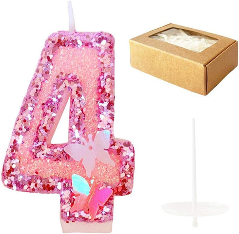 Birthday Candles Number 4, Pink Glitter Happy Birthday Cake Candles Handmade Sequin Numeral Candle