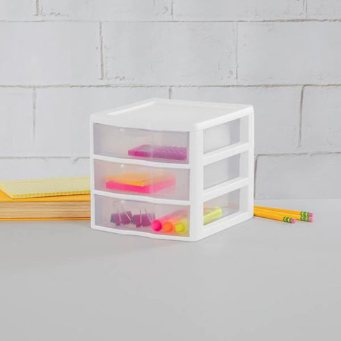 Sterilite Clearview Plastic Multipurpose Small 3 Drawer Desktop Storage Unit, White, 6 Pack