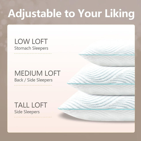 Pillows Queen Size Set of 2 – Cooling Memory Foam Pillows for Sleeping, Adjustable Firm for Back and Side Sleepers