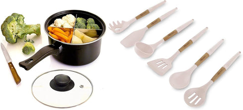 Silicone Cooking Utensils Set (6 pcs) – Natural Wood Kitchen Utensils, Eco Friendly & BPA Free, Non-Scratch, White