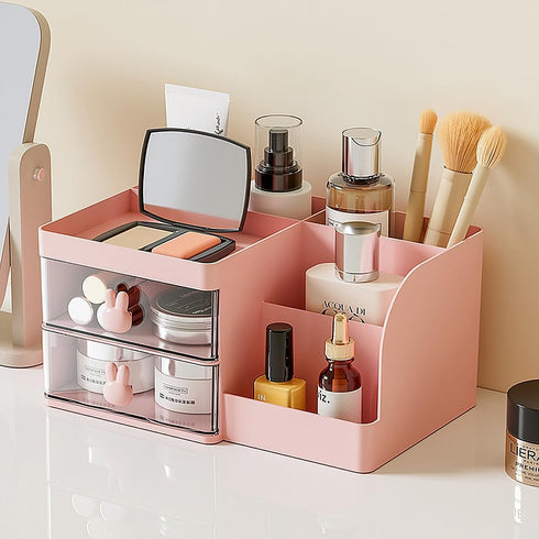 Makeup Storage Organizer with 2 Drawers, Cosmetic Display Case for Skin Care, Hair Accessories, Pink