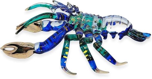 6" Tiny Blue Green Gold Dots Lobster Figurine - Miniature Hand Blown Painted Glass Shrimp Prawn Crustacean Crystal Sea