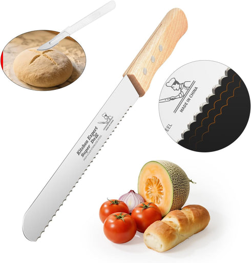 KNZIFPD Wavy Edge Serrated Bread Knife 8 Inch, Cuts Perfect Homemade Bread, Bagels,
