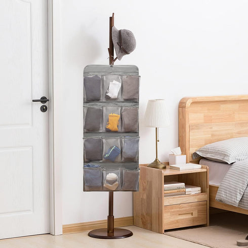 Dual Sided Hanging Shoe Organizer for Closet | Rotating Hanger with 24 Large Pockets (Grey-Mesh Pockets)