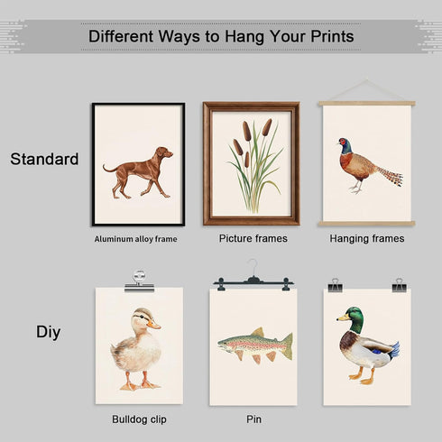 Yaasilinage Set 6 8x12in Nursery Animal Canvas Wall Art, Mallard Duck Hunting Poster, Fish Fishing Wall Decor
