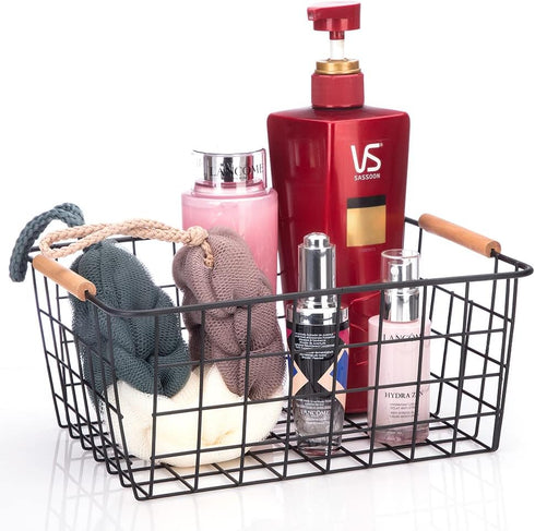 LeleCAT Set of 4 Wire Baskets with Wooden Handles, Wire Storage Organizer Baskets for Household Refrigerator, Cabinets,