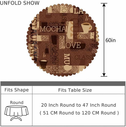 AOYEGO 60 Inch Coffee Themed Table Cloth Restaurant Mocha Latte Milk Classic Scribble Round Tablecloth for Dining Room
