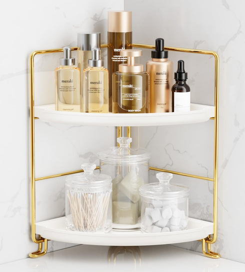 FSyueyun 2-Tier Corner Bathroom Counter Organizer, Tool-Less Installation Vanity Shelf Small Plastics
