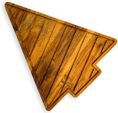Acacia Wooden Christmas Cutting Board: 12.5"L x 10"W Tree Shaped Chopping Board with Handle & Slicey Grooves