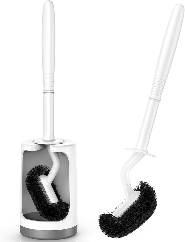 HAMITOR Toilet Bowl Brush Holder Set, Curved Design Holder for Deep Cleaning, Compact Scrubber for Small Spaces