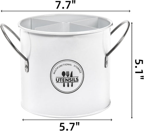 Vintage Farmhouse Utensil Holder, 4 Compartment Metal Silverware Cutlery Caddy with Removable Divider, Round Flatware Organizer with Handle for Kitchen Countertop, Fork Spoon Knife, White
