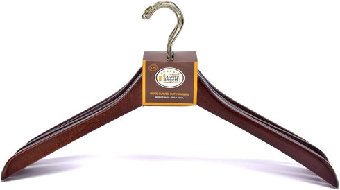 5) Quality Walnut Wooden Curved Coat Hangers, Smooth Solid Wood Pants Hangers, Swivel Hook, Coat, Jacket (Gold Hook