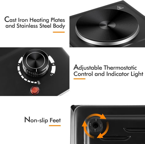 CUSIMAX Single Burner Electric Hot Plate, 1500W Adjustable Temperature Cooktop, Portable Stainless Steel Countertop