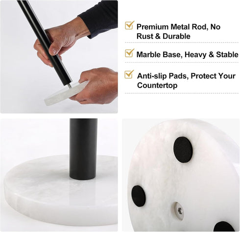 African Genuine Marble Paper Towel Holder, 6" Metal Rod Stand for Kitchen Organization, Fits Standard Size Rolls (Namib
