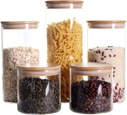 LEAVES AND TREES Y Stackable Kitchen Canisters Set, Pack of 5 Clear Glass Food Storage Jars with Bamboo Lid