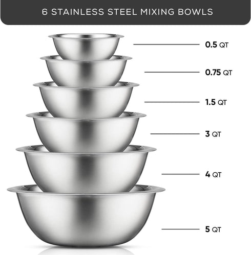 JoyJolt Stainless Steel Mixing Bowl Set of 6 Bowls. 5qt Large to 0.5qt Small Metal Bowl. Kitchen, Cooking and Storage Nesting Dough, Batter Baking Bowls by JoyJolt