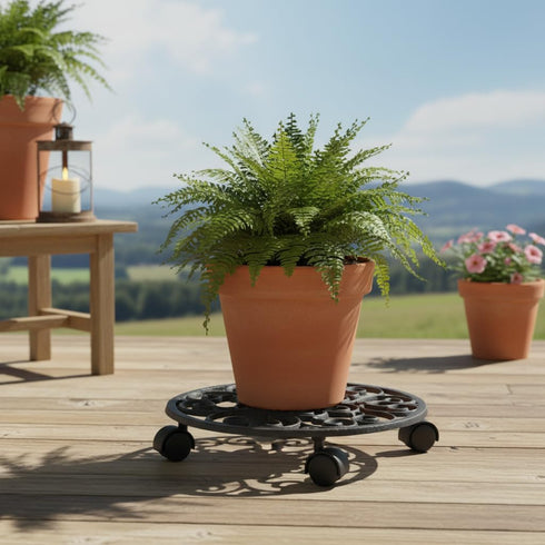 12" 1 Comfy Hour Cast Iron Plant Caddy with Wheels, Heavy Duty Rolling Flower Pot Stand, Decorative Victorian Style