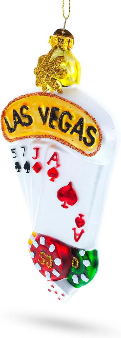 Las Vegas Casino Blown Glass Christmas Ornament with Playing Cards & Chips