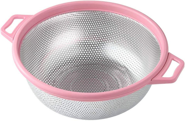 Large Stainless Steel Colander with Handle and Legs, Pink Strainer for Pasta, Veggies, Fruits, 5-quart Kitchen Mesh