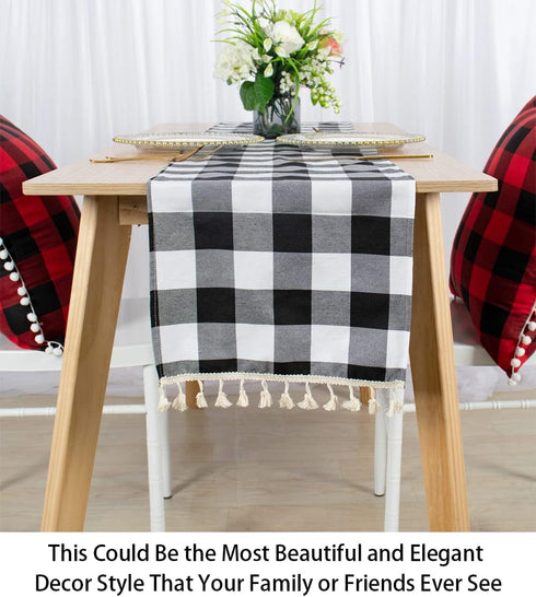 ShinyBeauty Buffalo Plaid Table Runner Black and White 13''x72'' Checkered Table Cover for Christmas Gatherings