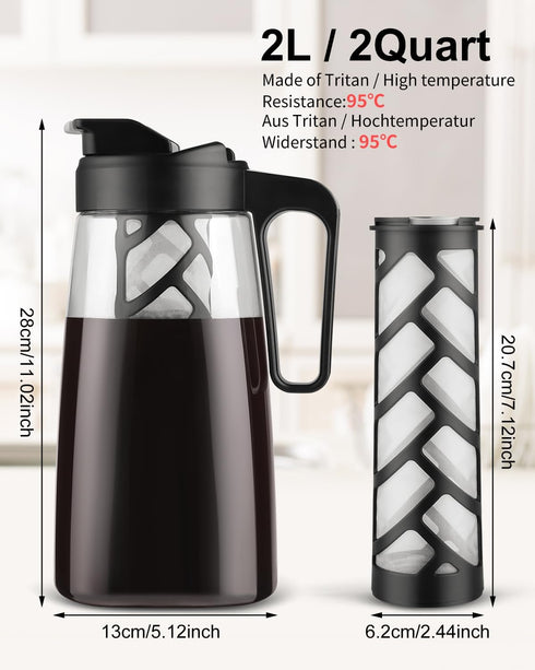 64 oz, 2 Sivaphe Large Ice Cold Coffee Maker Dishwasher Safty Traitan Carafe Pitcher Leak Proof, Iced Hot Coffee/Tea