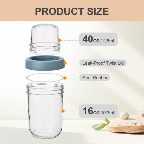 6 Pack 16 OZ Wells Overnight Oats Containers with Lids, Dual Layer Yogurt Containers with Dry and Wet Separation