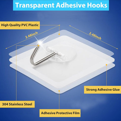 Heavy Duty Adhesive Hooks, Waterproof Transparent Wall Hooks for Bathroom, Kitchen, 12 Pack