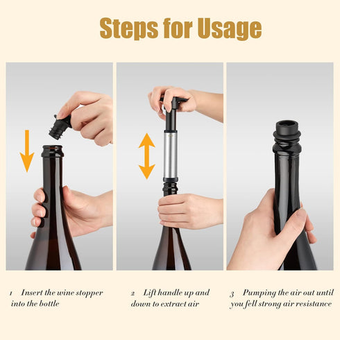 4 OWO Wine Vacuum Pump and Stopper, Wine Save & Preserver, Reusable Air Remover Pump, Keeps Fresh (Stainless Steel)