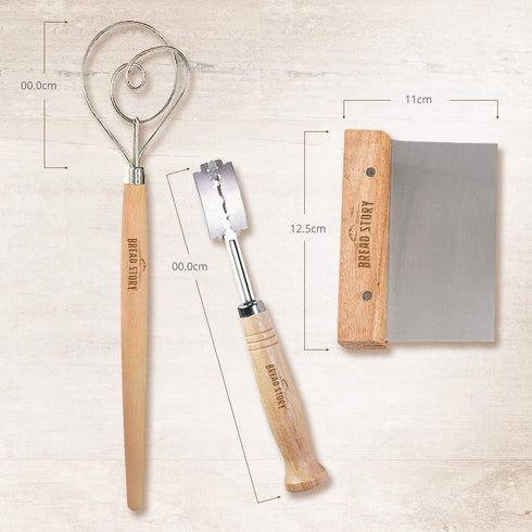 Bread Story Set of 3 Danish Whisk Dough Lame Slashing Tool and Wooden Scraper Tool for Pastry Baking