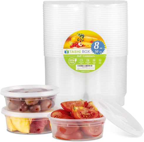 TashiBox 8 oz Plastic Food Storage Containers, 50 Sets with Lids, Airtight, BPA Free, Microwave/Dishwasher Safe