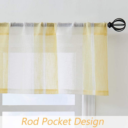 Central Park Yellow and White Kitchen Window Curtain Valance, Stripe Sheer Boucle Linen, 54" W x 15" L