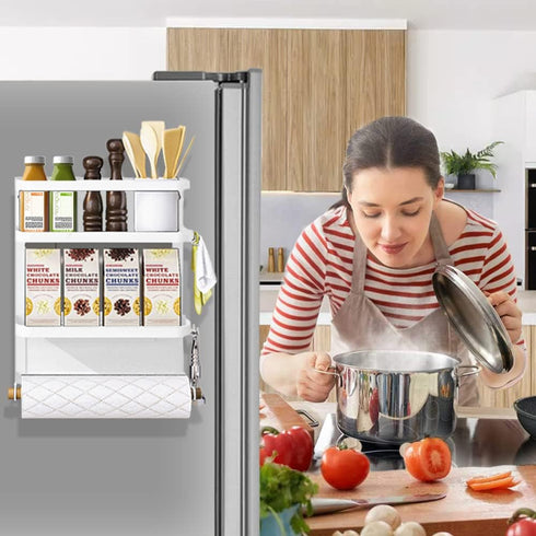 Magnetic Spice Rack for Refrigerator, White Magnetic Paper Towel Holder, Kitchen Organization and Storage