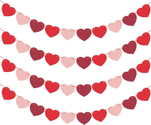 JOZON 4 Pack Felt Heart Valentine’s Day Garland Banner Decorations for Anniversary Wedding Engagement Party (Red, Pink,