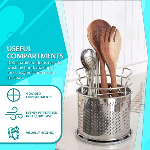 HOME&I Silverware Drying Basket, Kitchen Sink Utensil Holder Replacement,Thin Dish Drying Rack Countertop Organizer Stainless Steel 304 Flatware Cutlery Caddy Hold for Dish Drainer (4 Compartments)