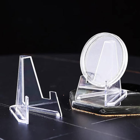 Acrylic Card Stands, Mini Coin Display Easel Holders for Coins, Pocket Watches, and Challenge Medals (Clear, 30 Pieces)