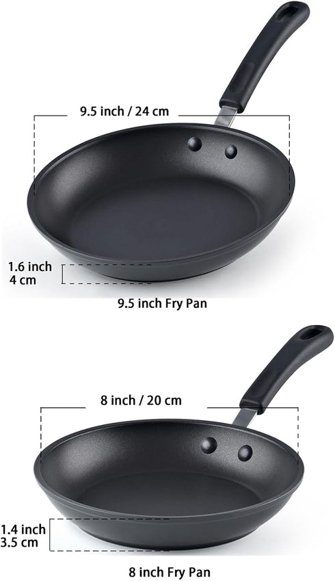 Cook N Home Nonstick Sauté Fry Pan Professional Hard Anodized 2 Piece Skillets Cookware Sets (8 and 9.5 inch) Black