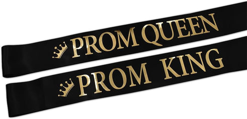 "Prom King" and "Prom Queen" Sashes - Graduation Party Accessories, Black with Gold Print