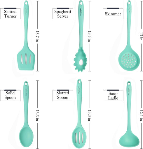 Culinary Couture Aqua Sky Silicone Cooking Utensils Set - Sturdy Steel Inner Core - Spatula, Mixing & Slotted Spoon, Ladle, Pasta Server, Drainer - Heat Resistant Kitchen Tools - Bonus Recipe Ebook by Culinary Couture