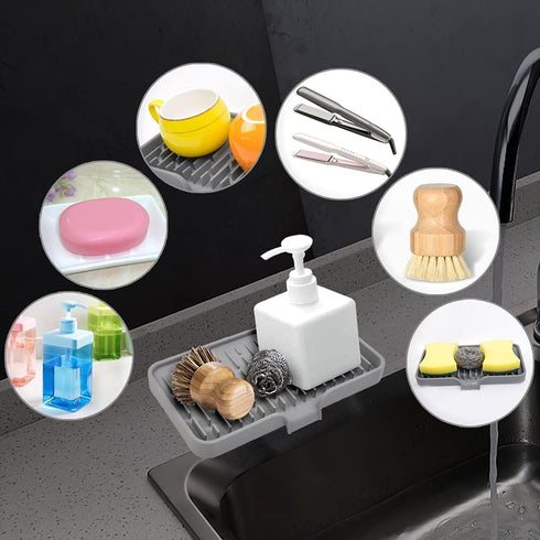 Large Silicone Sponge Holder - Multi-Purpose Self Draining Dish Soap Tray for Kitchen Sink, Waterproof Caddy Organizer