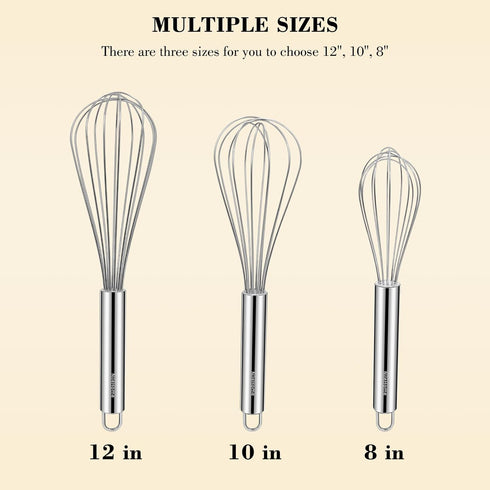 NileHome Stainless Steel Whisk Set, 3 Pack, 8" 10" 12" Kitchen Whisks for Cooking and Whisking