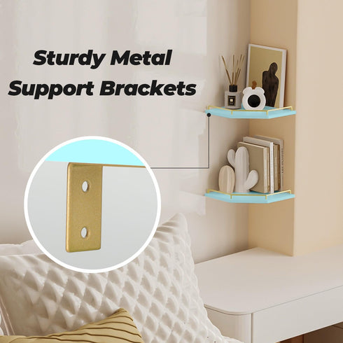2-Tier 9.5-inch Tirzah Blue Wall Mount Corner Shelf with Gold Metal Guardrail, Diamond-Shaped Wood Corner Floating