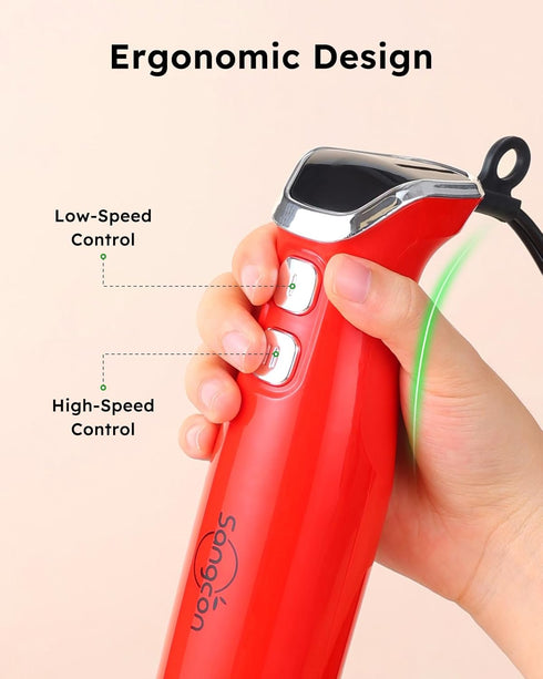 Sangcon Immersion Blender Handheld, 3-in-1 Electric Blender with Whisk & Milk Frother Attachments - Red
