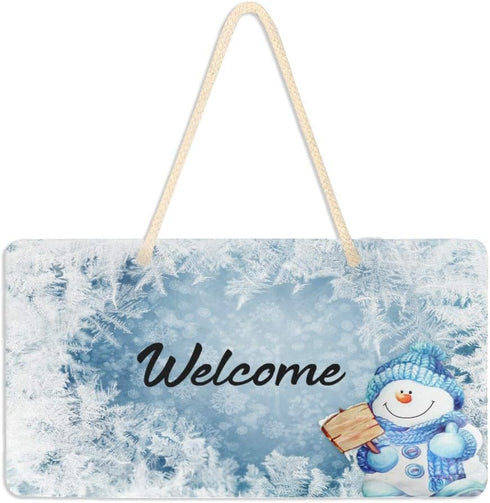 Blueangle Blue Snowman Welcome Sign - Front Door Decor, Wall Hanging Acrylic Plaque for Home