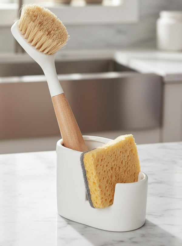 Ceramic Sponge Holder for Kitchen Sink, 2-in-1 Sponge & Brush Organizer, Compact